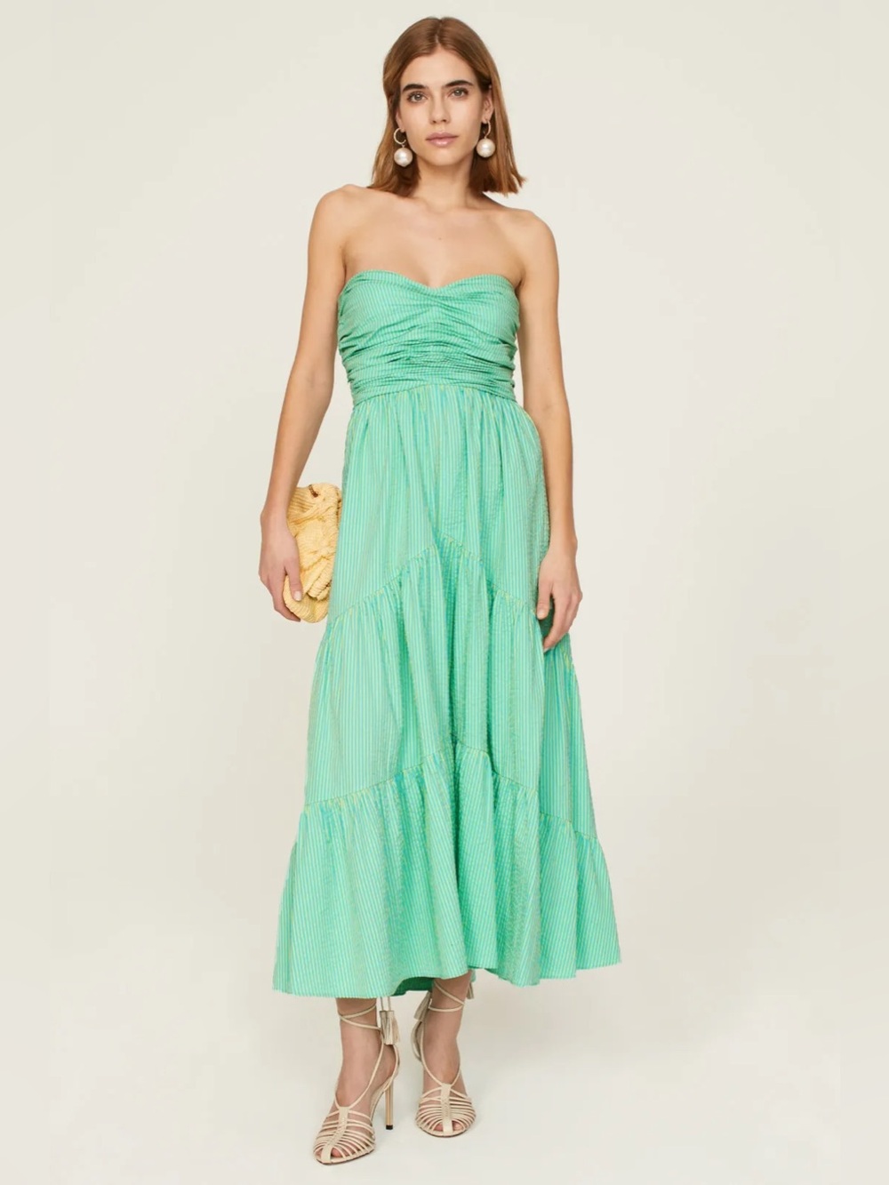 Cinq a Sept Strapless Mint Green Tiered Maxi Dress